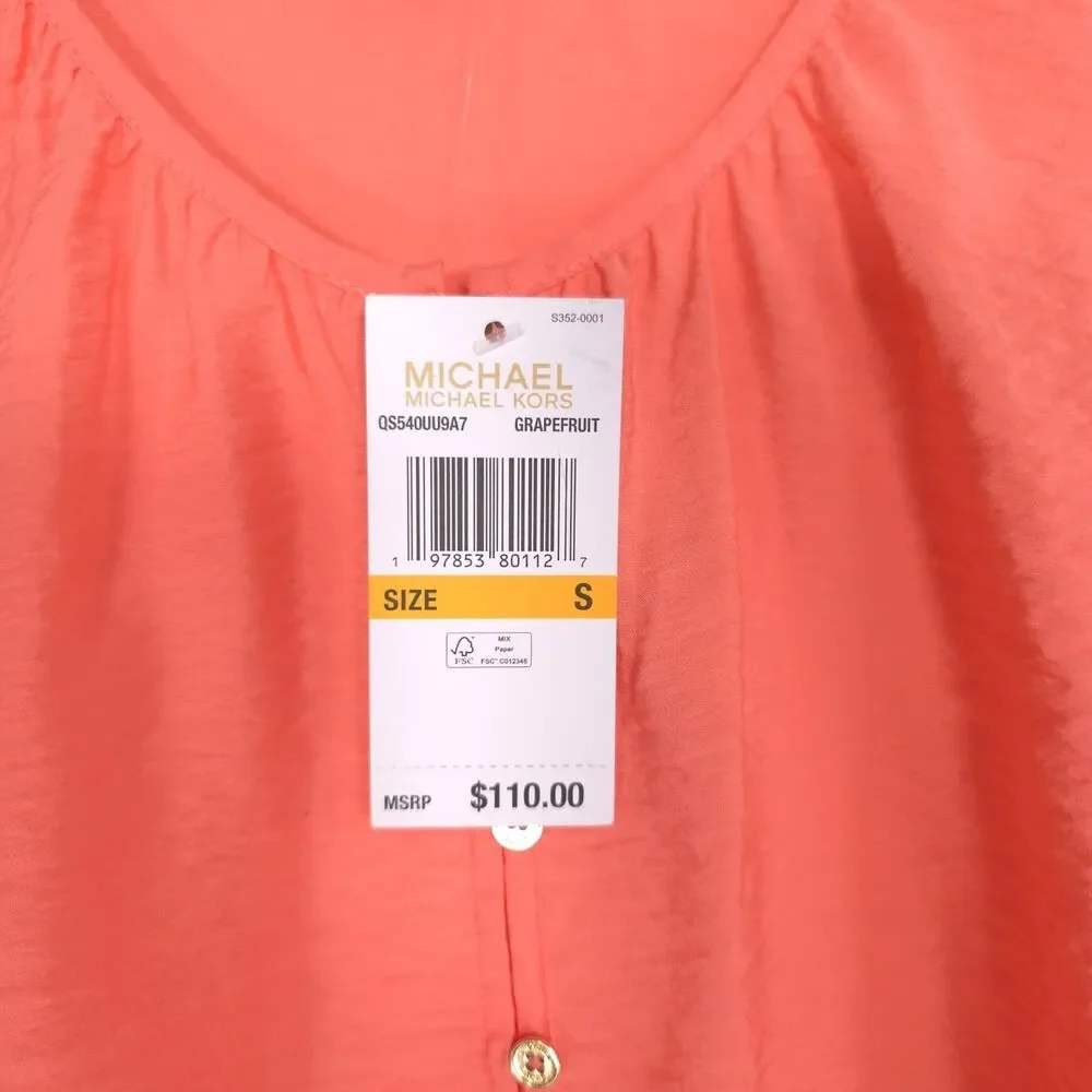 MICHAEL KORS Womens New Top Blouse SMALL Flutter Sleeve Coral QS540UU9A7 Casual